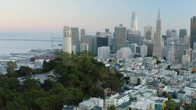 Aerial daytime video footage of San Francisco, California, USA, after sunset. 