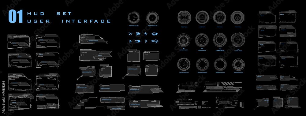 Poster Big set high-tech elements HUD for game interface and prototype CPC. Using arrow target navigation. Cyber-style gaming windows and frames. Game user interface HUD