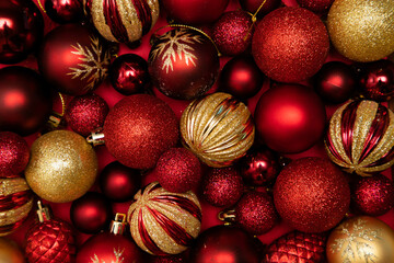 Christmass flatlay christmas tree toys of red color