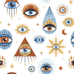 Seamless pattern design with Evil Eye, Hamsa. Background with evil, turkish, esoteric eye different shapes. Hand drawn various talismans. Wallpaper repeatable texture with amulets.