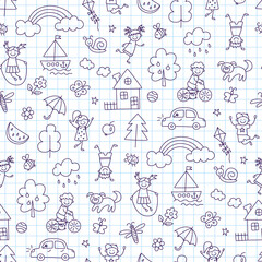 Fototapeta na wymiar Seamless pattern with doodle children, house, summer, sun. Hand drawn funny little kids play, run and jump. Cute children drawing. Vector illustration in doodle style on squared notebook background.