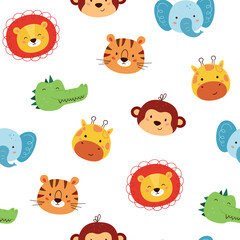 Seamless pattern with cute animal characters. Funny kawaii lion, tiger, giraffe, elephant, monkey and crocodile. Children pattern. Faces of wild animals. Vector illustration on white background.