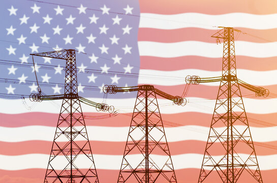 Double exposure - power line, tower and flag USA
