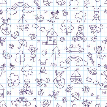 Seamless pattern with doodle children, house, summer, sun. Hand drawn funny little kids play, run and jump. Cute children drawing. Vector illustration in doodle style on squared notebook background.