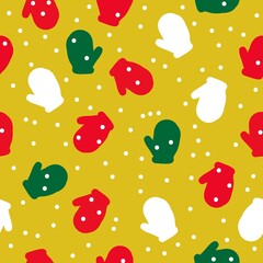 Simple winter pattern. Yellow background, cute colored mittens and snow. Fashionable print for postcards, banners and textiles.