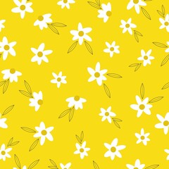 Vintage floral background. Seamless vector pattern for design and fashion prints. Elegant floral pattern with white flowers on a yellow background.