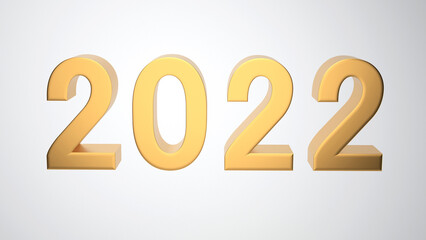 Happy New Year 2022. Golden metallic numbers text white background . 3D Illustration