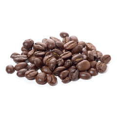 A handful of roasted arabica coffee beans, isolated on a white background.
