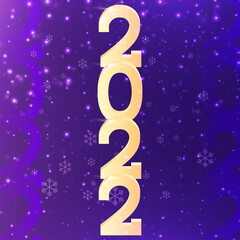 Happy New Year 2022 with gold numbers on purple blue background. Invitation greeting card design	