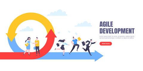 Agile development methodology business concept flat style design vector illustration isolated on white background. Agile life cycle for software development diagram. Business person run into project.