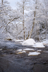 River with snowy rocks and ice floe in the winter