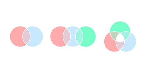 Types of color venn diagram, graph circle general intersection. Way of displaying information in form of crossing circles. Mathematical infographic. 2, 3 intersection area. Vector illustration