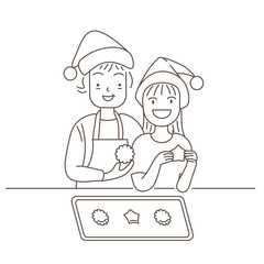 Doodle vector illustration of Grandmother and grandchild baking together. They are holding cookies and laughing.