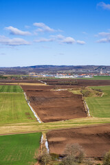 Fototapeta na wymiar Aerial view at fields in the countryside at springtime