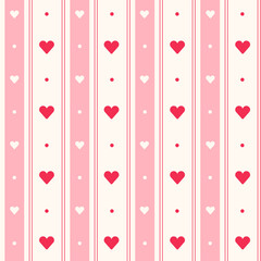 Cute Minimal Mini Heart Pink Red Cream Ivory Beige Checkered Gingham Stripe Pattern Editable Stroke. Cartoon Illustration, Mat, Fabric, Textile, Scarf, Wrapping Paper.