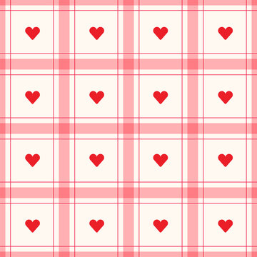 Cute Minimal Heart Pink Red Cream Ivory Beige Checkered Gingham Pattern Editable Stroke. Cartoon Illustration, Mat, Fabric, Textile, Scarf, Wrapping Paper.