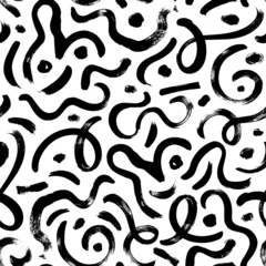 Foto op Plexiglas Schilder en tekenlijnen Gewervelde zwarte lijnen en punten vector naadloze patroon. Hand getekende golvende penseelstreken. Krabbels uit de vrije hand met zwarte verf. Abstracte organische inktachtergrond. Penseelstreken, kronkels lijnenpatroon.