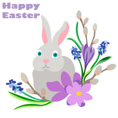 happy Easter. The grey Easter bunny sits in spring flowers (crocuses, willow, primrose). Congratulations and gifts for Easter and spring. Hello Spring