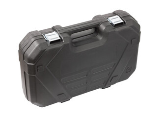 Black suitcase on a white background. Plastic suitcase with metal snaps.