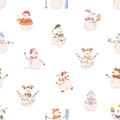 Happy snowmen pattern. Seamless Christmas background with snow men characters print. Endless Xmas backdrop design for festive wrapping paper and holiday decoration. Colored flat vector illustration