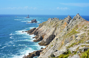 Point du Raz, France beautiful landscape cliffs and light towers, atantic ocean coast in the Bretagne