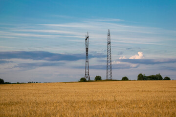 Steel towers of power lines on the background of a wheat field. Technological concept.