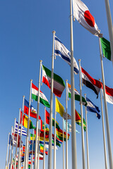 Many National Flags waving on the wind in Dubai:...
