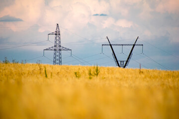 Steel towers of power lines on the background of a wheat field. Technological concept.