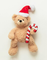 Christmas present. Teddy bear wearing a Santa hat on white background, Holiday greeting card.