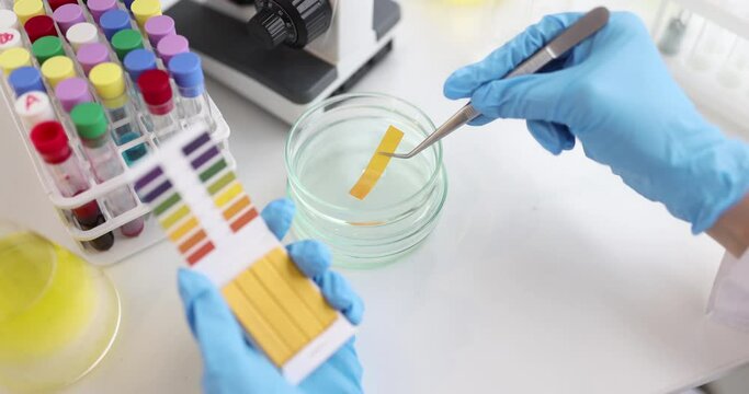 Biologist checks PH test by chemical alkaline analysis in laboratory