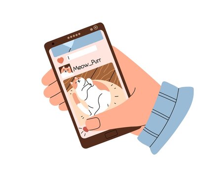 Hand holding mobile phone, scroll screen with cats photos in social media, networks. Person use smartphone, putting likes and commenting posts. Flat vector illustration isolated on white background
