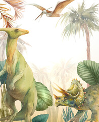 Watercolor dinosaurs illustration. Artwork with prehistorical animals: Parasaurolophus, triceratops, pterodactyl. Tropical wall decor design © ldinka