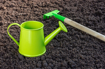 Green garden watering can. Garden tools. Land cultivation.
