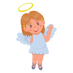 Little cute angel girl in cartoon style with blue dress and golden halo waving hand