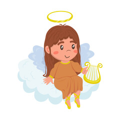 Little cute angel girl in an orange dress sits on a cloud with a harp in cartoon style