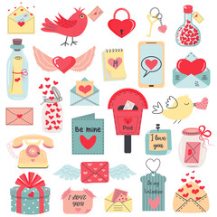 Love post office, messages, mail set. Saint Valentine's Day romantic objects. Colored trendy vector illustration.