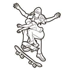 Group of People Play Skateboard Extreme Sport Skateboarder Action Cartoon Graphic Vector