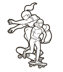 Group of People Play Skateboard Extreme Sport Skateboarder Action Cartoon Graphic Vector