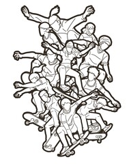 Group of People Play Skateboard Extreme Sport Skateboarder Action Cartoon Graphic Vector