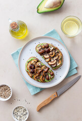 Bruschetta with mushrooms and avocados. Healthy eating. Vegetarian food. Keto diet.