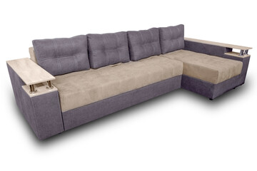 modern blue large cozy fabric sofa corner with pillows and adjustable armrests