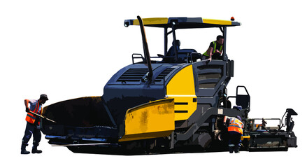 Large asphalt paver and workers next to him, isolated on a white background. 3d. Road construction. Vector illustration.