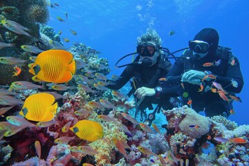 Scuba divers couple  near beautiful coral reef surrounded with shoal of coral fish and three yellow...