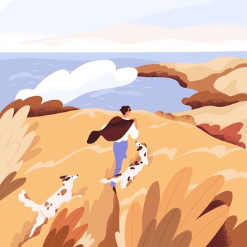 Autumn sea landscape with man walking with dogs. Happy person and pets strolling in scenic tranquil fall nature. Quiet holidays. Freedom and serenity concept. Colored flat vector illustration