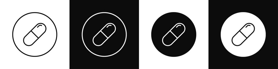 Medical capsule icons. Pills icons set. Medicine, vitamins, pain relievers and antibiotics. Vector illustration
