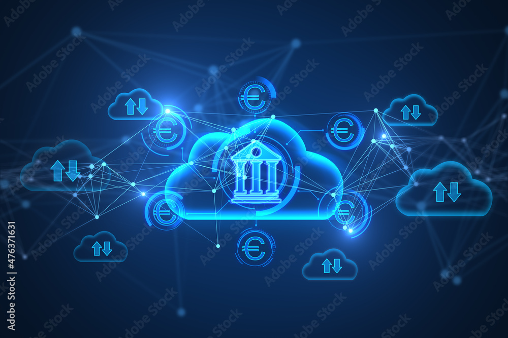 Poster Creative glowing blue cloud computing and online banking hologram with various icons on blurry background. Database, finance, technology and future concept. 3D Rendering.