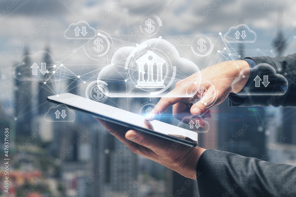 Poster close up of businessman hand pointing at abstract glowing cloud computing and online banking hologra