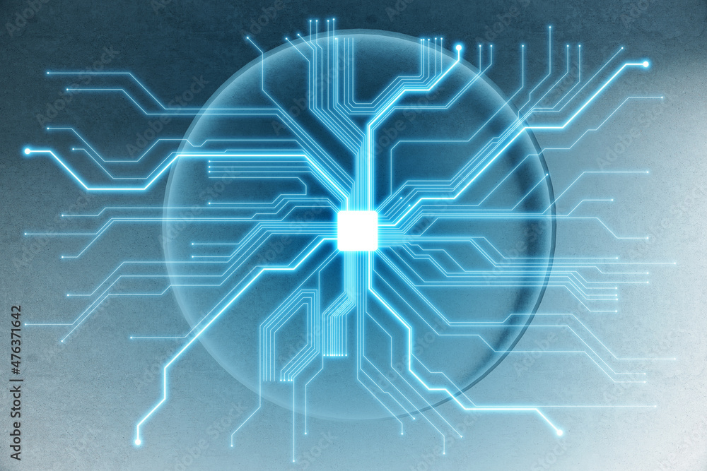 Poster creative glowing blue circuit hologram on light background. technology and data system concept. 3d r