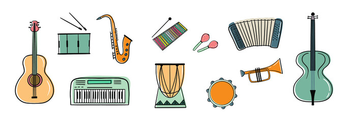 Musical instruments - colorful objects in flat design style. Vector illustration in flat style