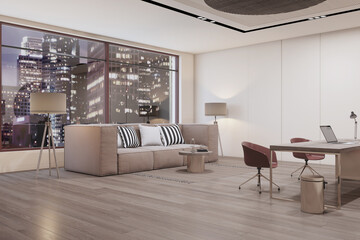 Contemporary designer wooden office interior with panoramic window and night city view, couch, furniture and decorative wall. Workplace and design concept. 3D Rendering.
